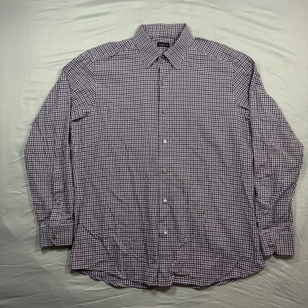 Ermenegildo Zegna Gingham Button Down Shirt Men's XL Burgundy Italy Cotton - Picture 2 of 9